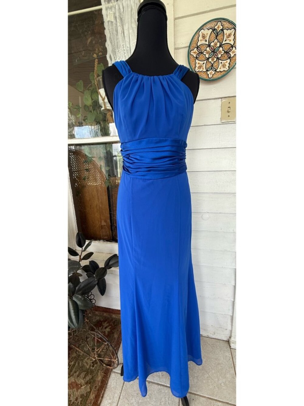 Vintage Davids Bridal Royal Blue Formal Maxi Dress Satin Chiffon Size 4